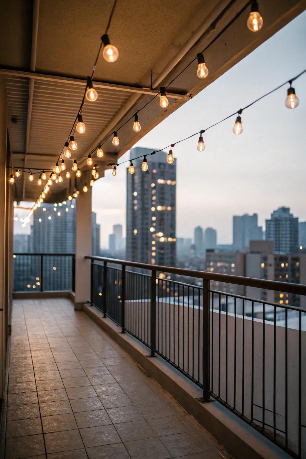 Enchanting string lights illuminating a cozy balcony.