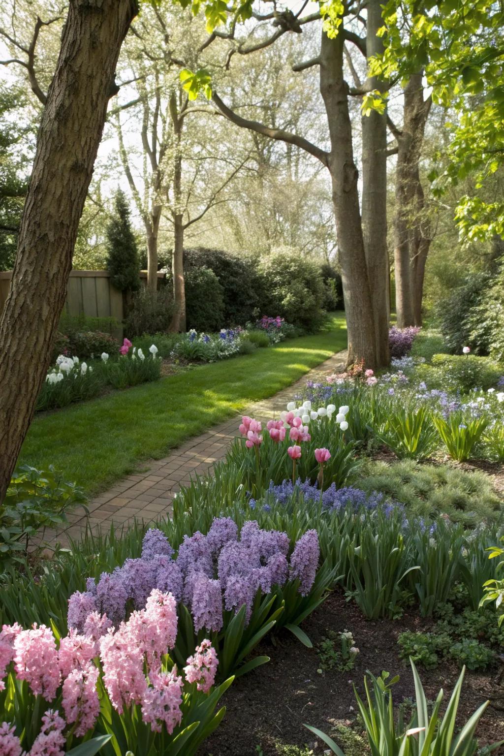 A shaded garden area where hyacinths serve as a colorful ground cover under the trees.