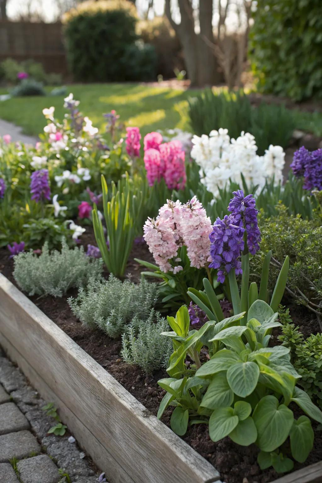 A garden bed where hyacinths are planted alongside herbs, offering both fragrance and fresh ingredients.