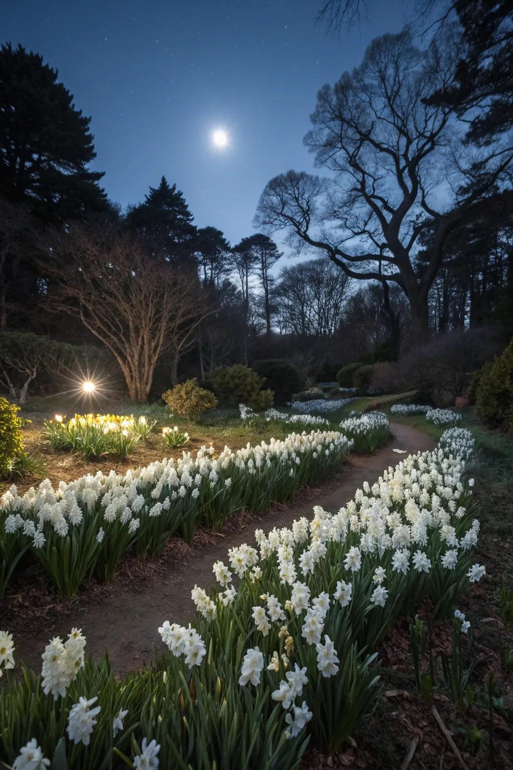 A nighttime garden where white hyacinths glow softly under the moonlight, offering a magical and serene environment.