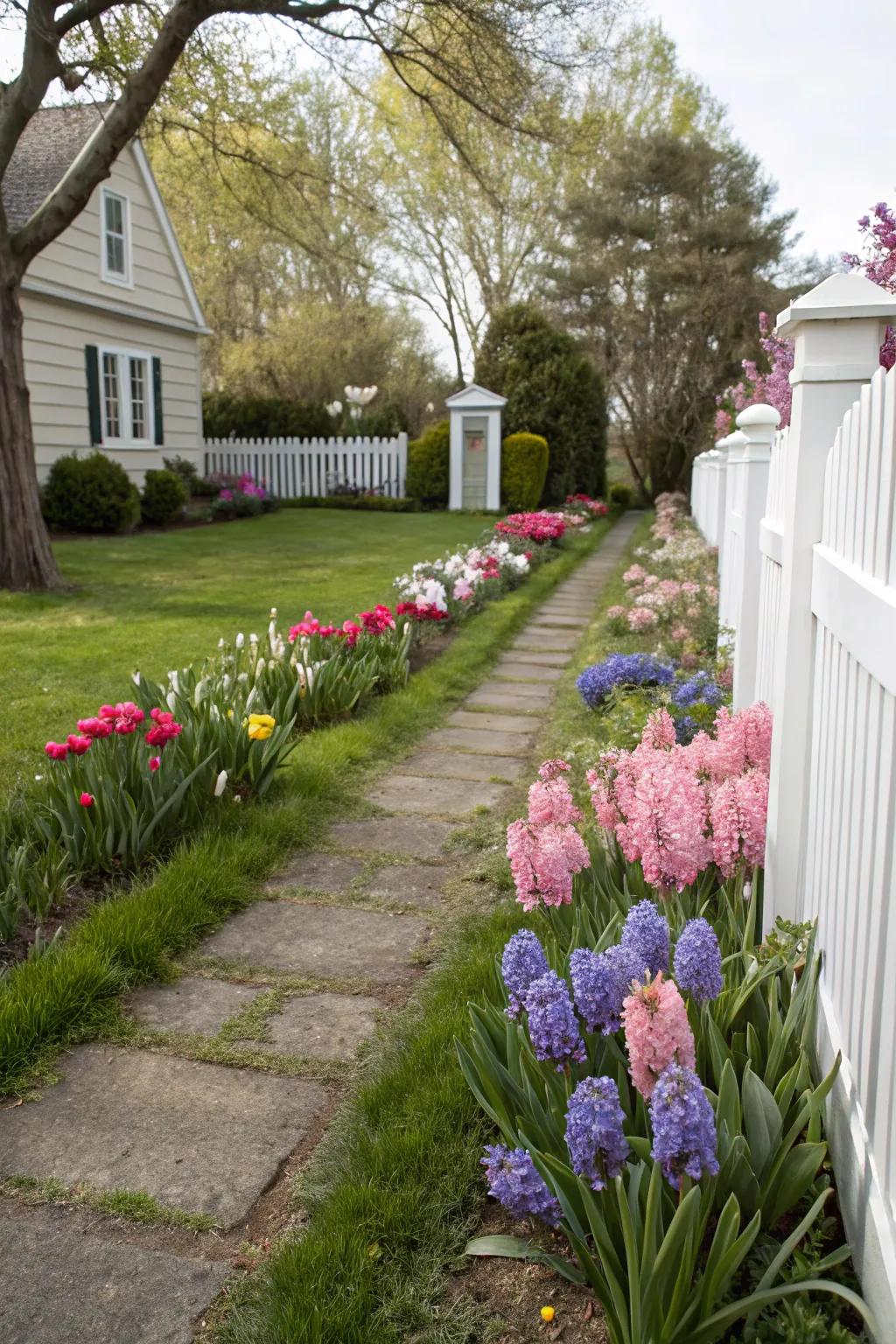 A garden pathway beautifully bordered with colorful hyacinths, offering a welcoming and vibrant atmosphere.