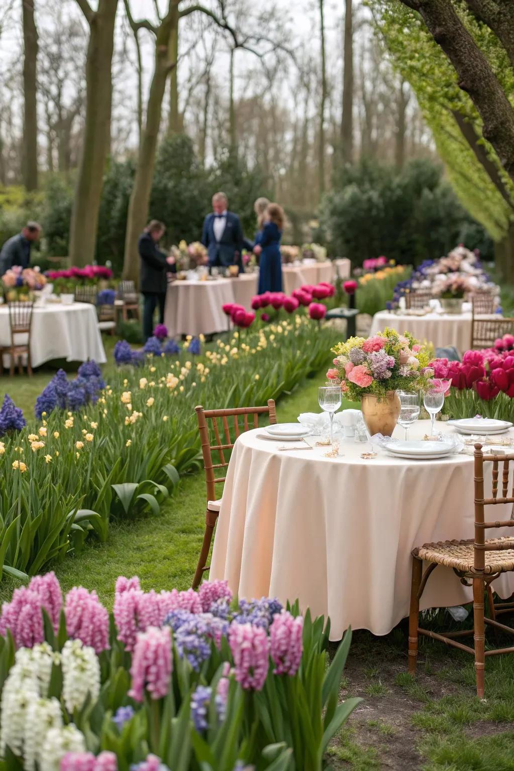 A festive garden party setup surrounded by blooming hyacinths, offering a delightful floral-themed experience.