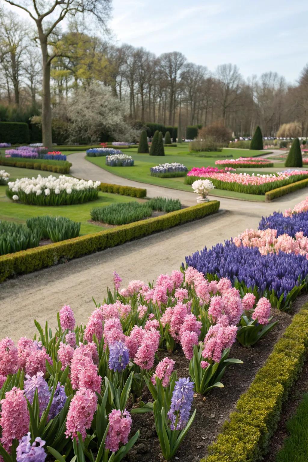 A garden with hyacinths strategically placed for feng shui, promoting a balanced and harmonious outdoor environment.