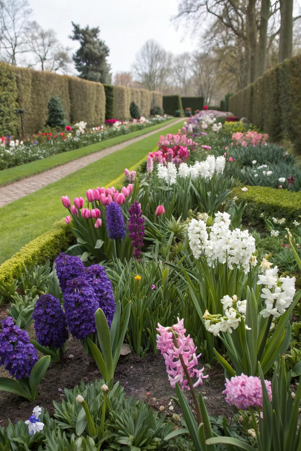 A garden bed that combines hyacinths with other seasonal plants, ensuring year-round color and interest.
