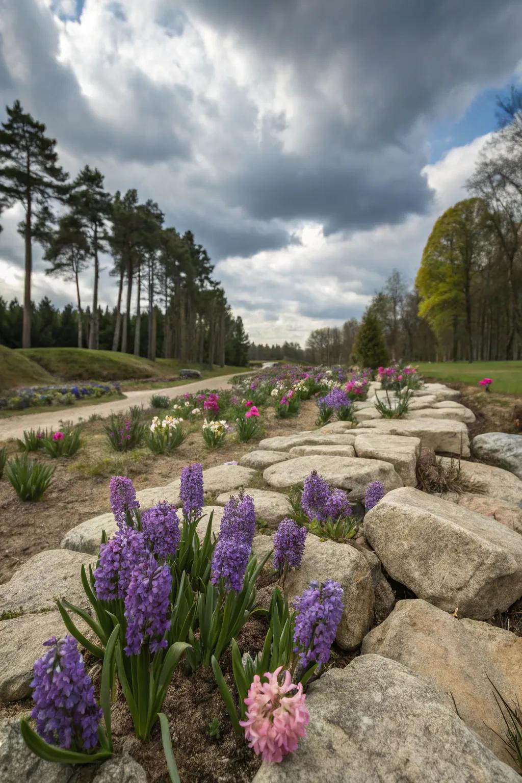 A natural rock garden where hyacinths grow among the stones, creating a serene and organic look.