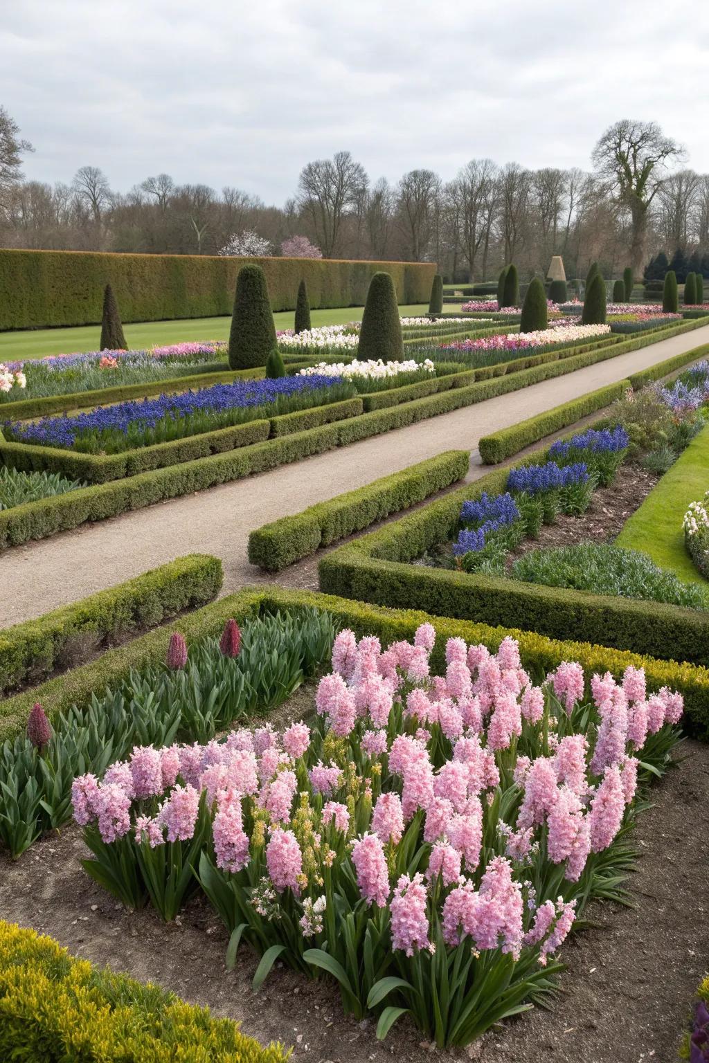 Formal garden borders outlined with hyacinths, adding structure and elegance to the garden design.