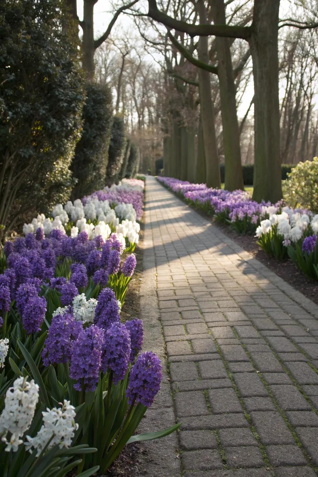 A garden entryway lined with fragrant hyacinths, providing a welcoming and aromatic experience.