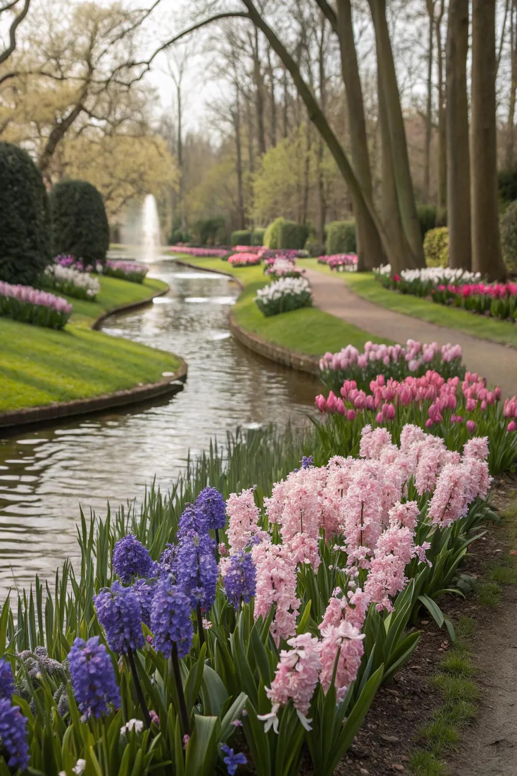 A garden with hyacinths placed near a water feature, enhancing the space's tranquil and peaceful ambiance.