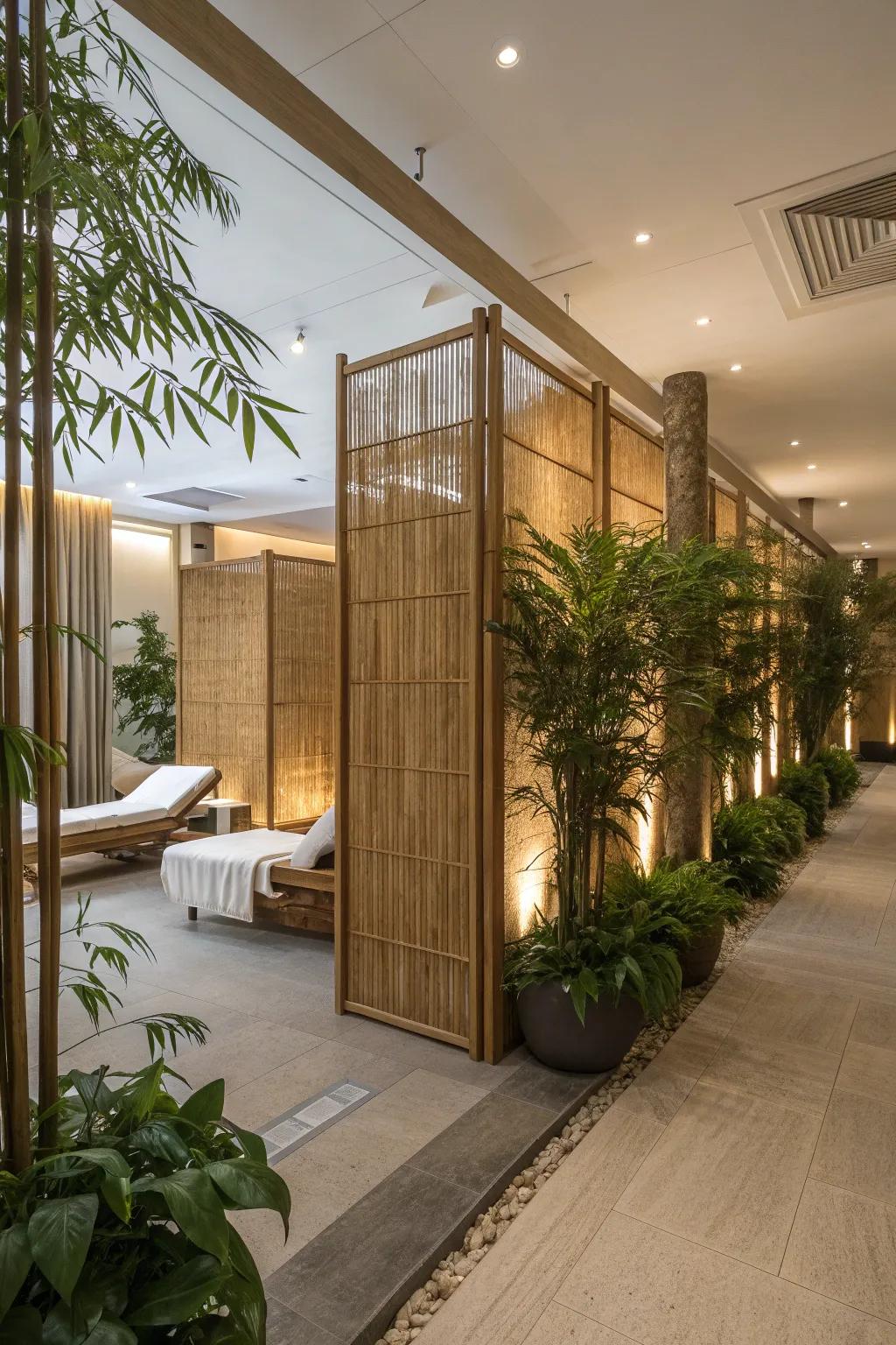 Bamboo panels offer a natural and calming division in spa spaces.