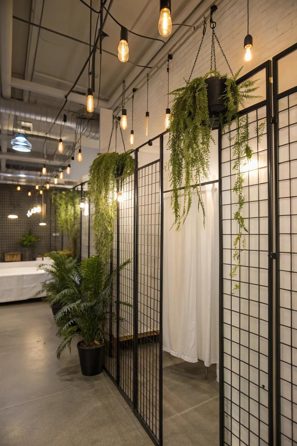 Metal grid dividers add an industrial edge with plants and lights.