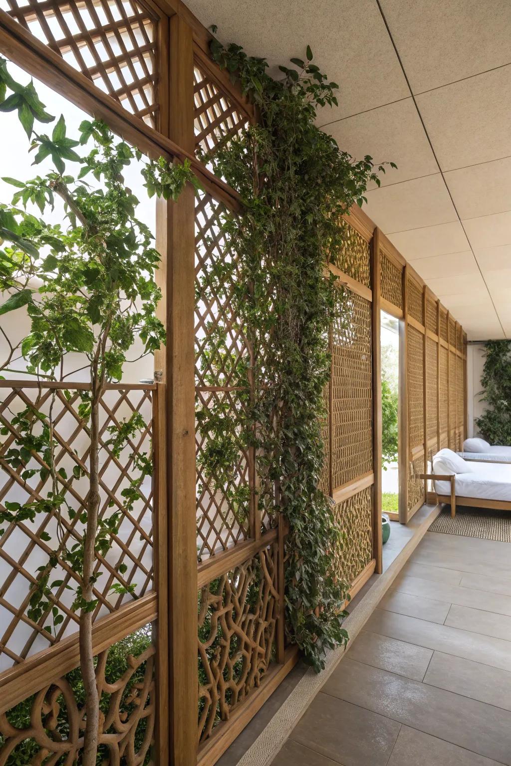 Wooden lattice screens add rustic charm and greenery to spa spaces.