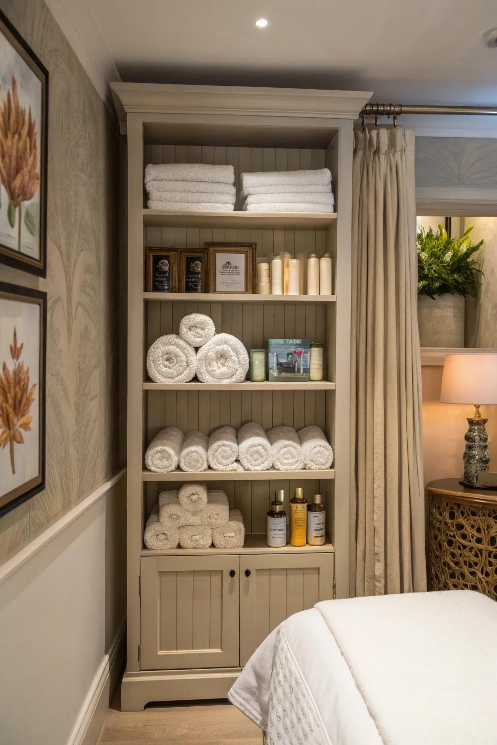 A bookcase divider offers both storage and style in a spa room.