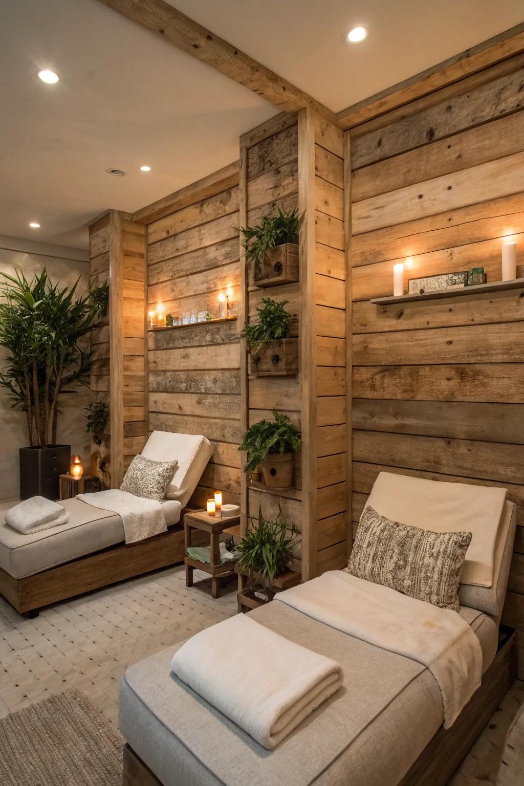 Reclaimed wood walls bring rustic charm and warmth to spa spaces.