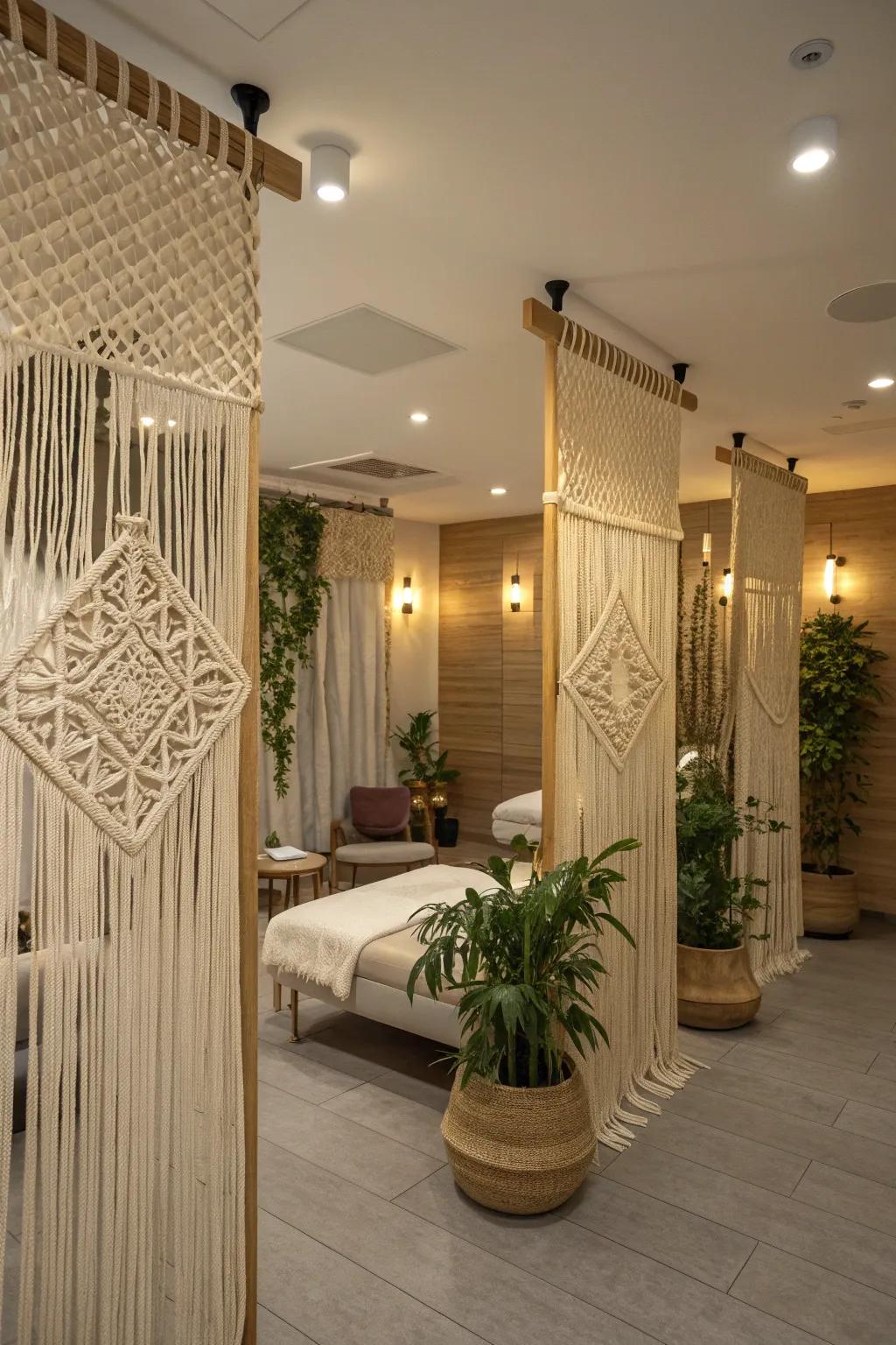 Macramé wall hangings add texture and warmth to spa room divisions.