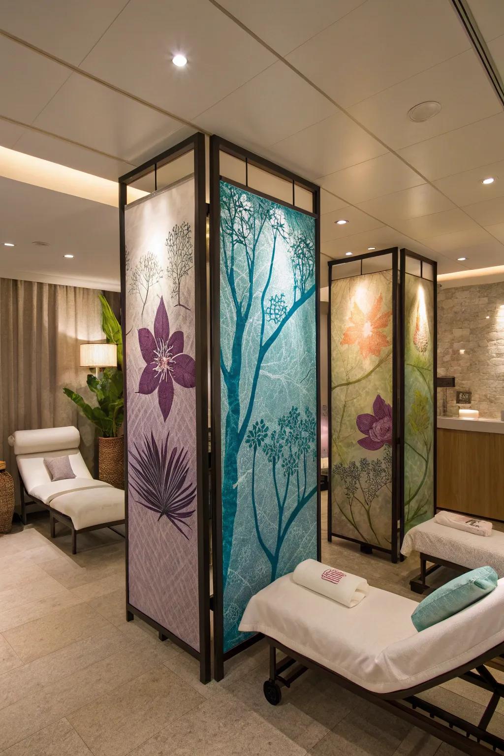 Artistic privacy screens bring color and personality to spa divisions.