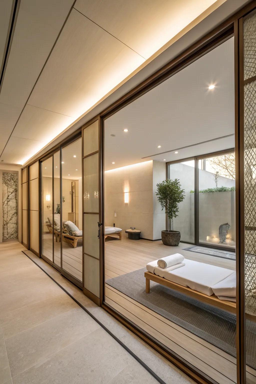 Sliding glass panels maintain light and openness while dividing spa areas.