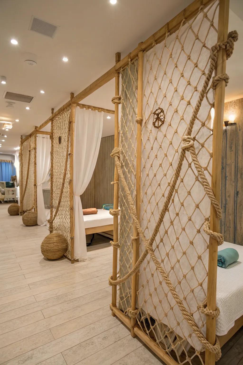 Rope partitions introduce a nautical theme to spa room divisions.