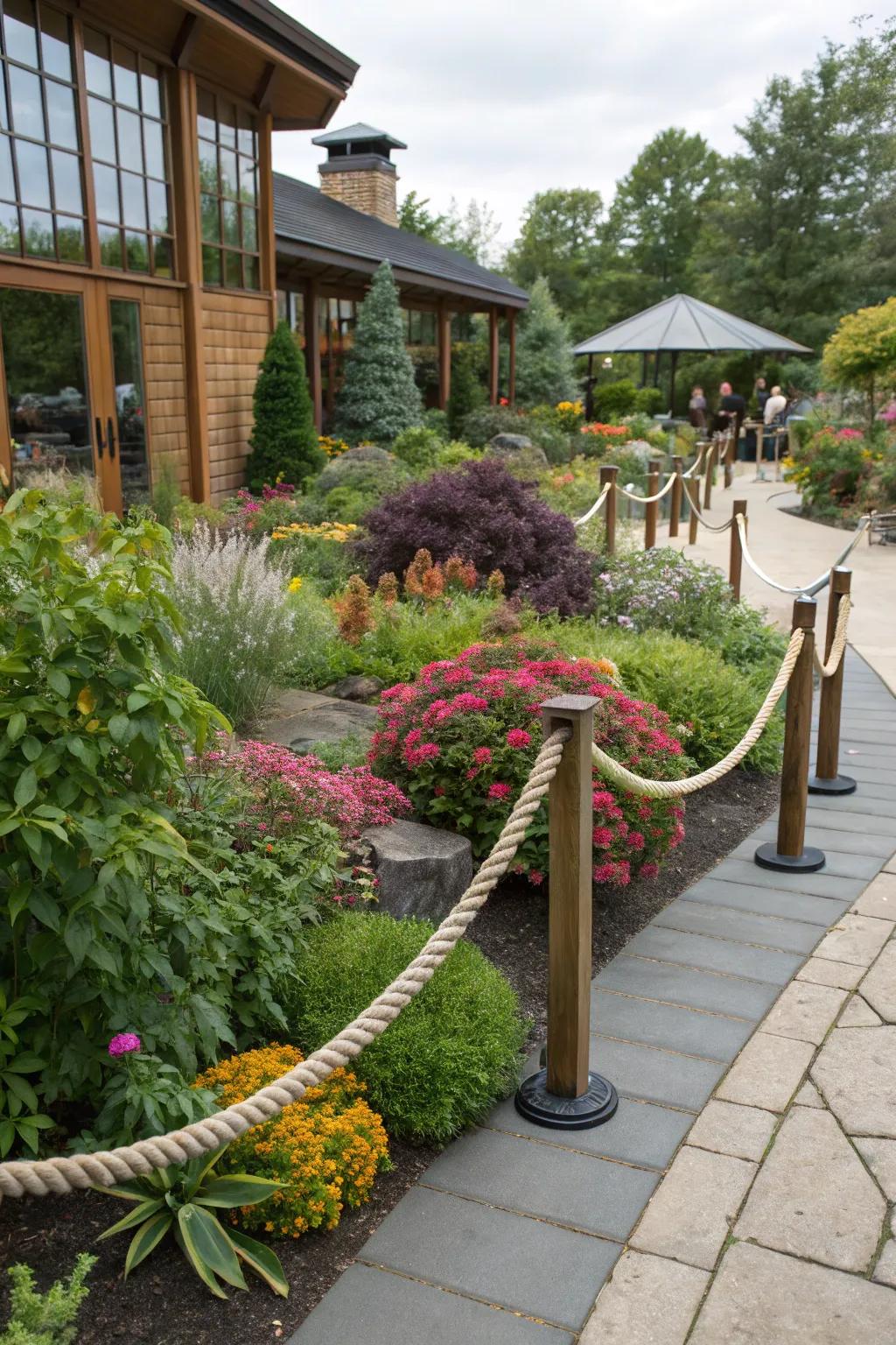 A garden area elegantly outlined by decorative rope borders.
