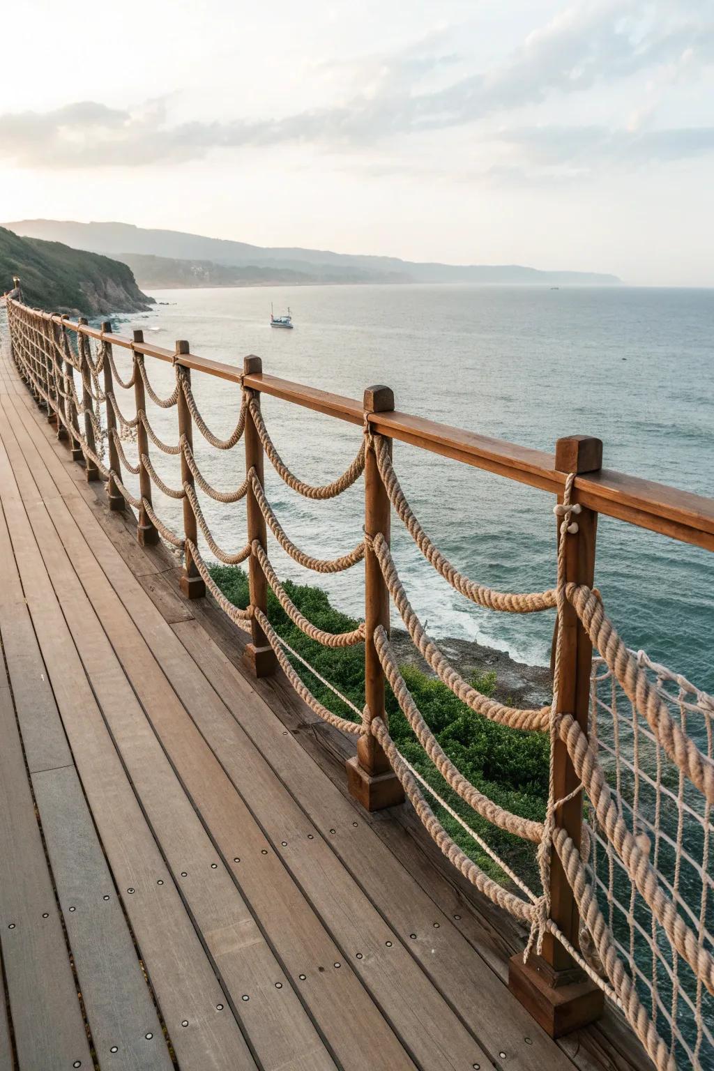 Nautical rope railings adding a coastal charm to the deck.