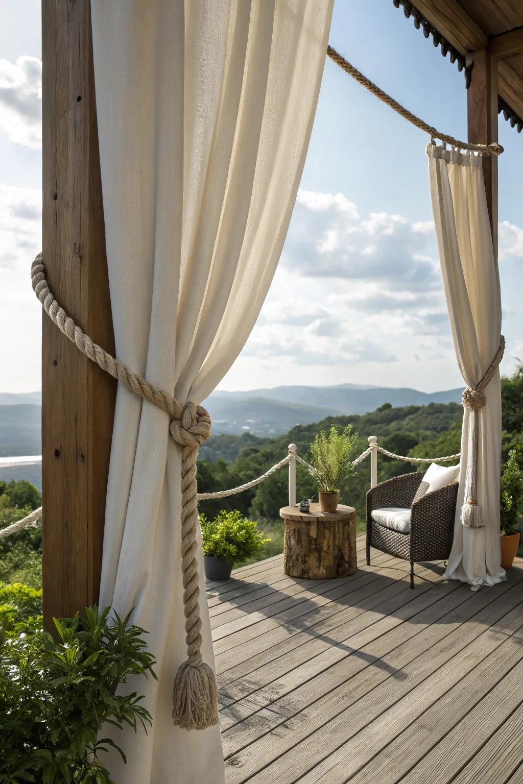 Outdoor curtains elegantly tied back using decorative ropes.