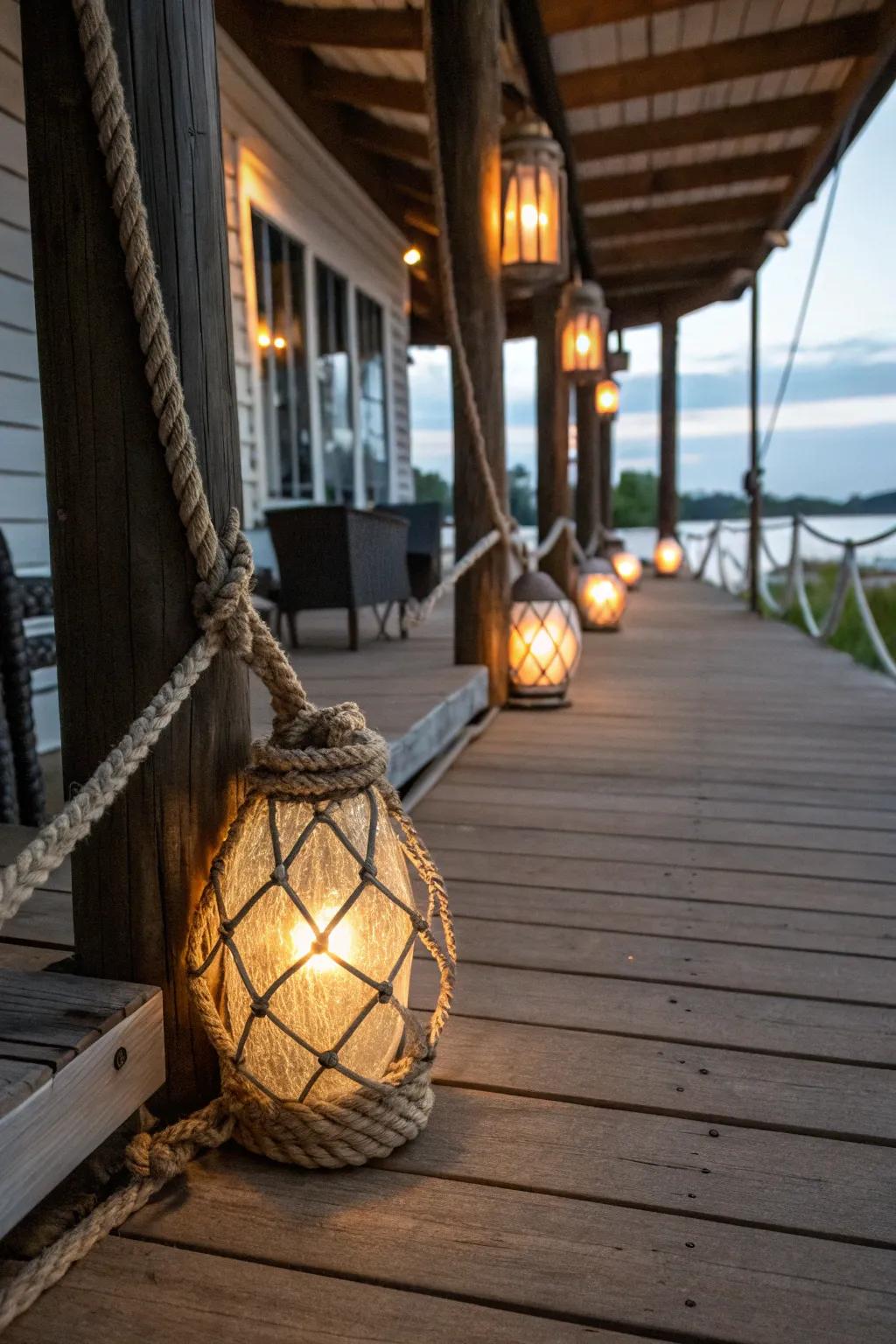 Ambient lighting on a deck using rope-wrapped fixtures.