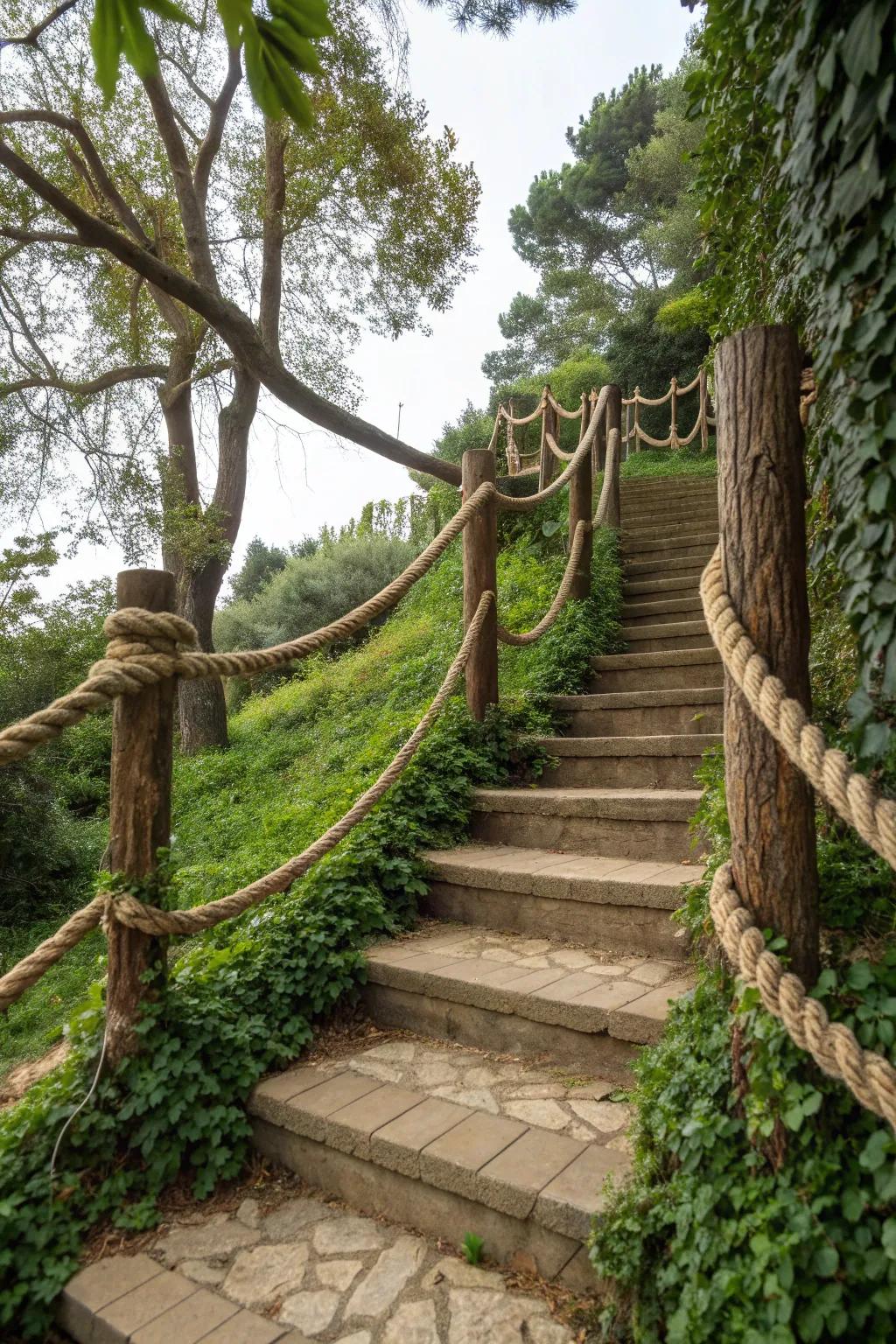 Rustic staircase enhanced with thick rope supports.
