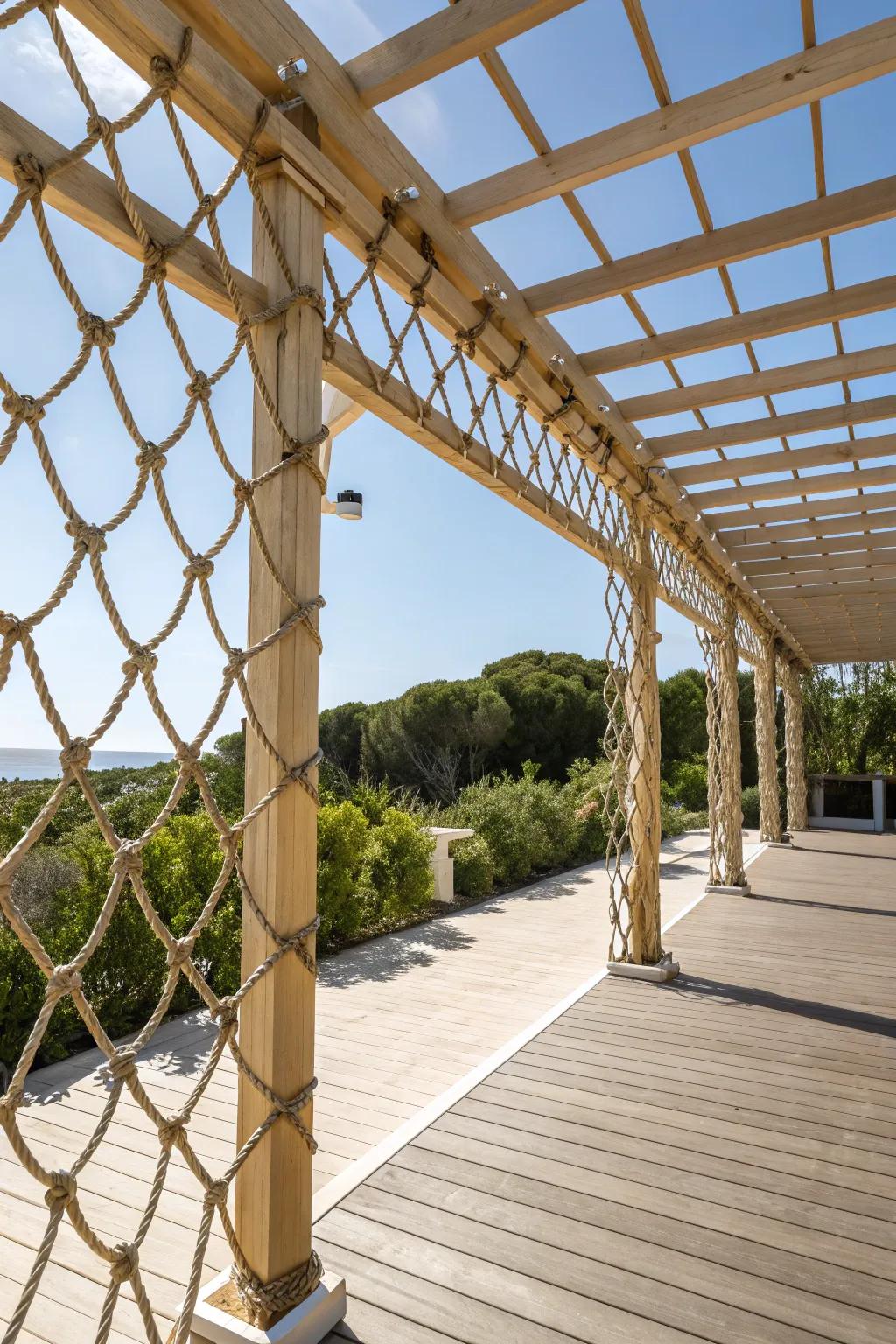 Nautical-inspired pergola featuring decorative rope elements.