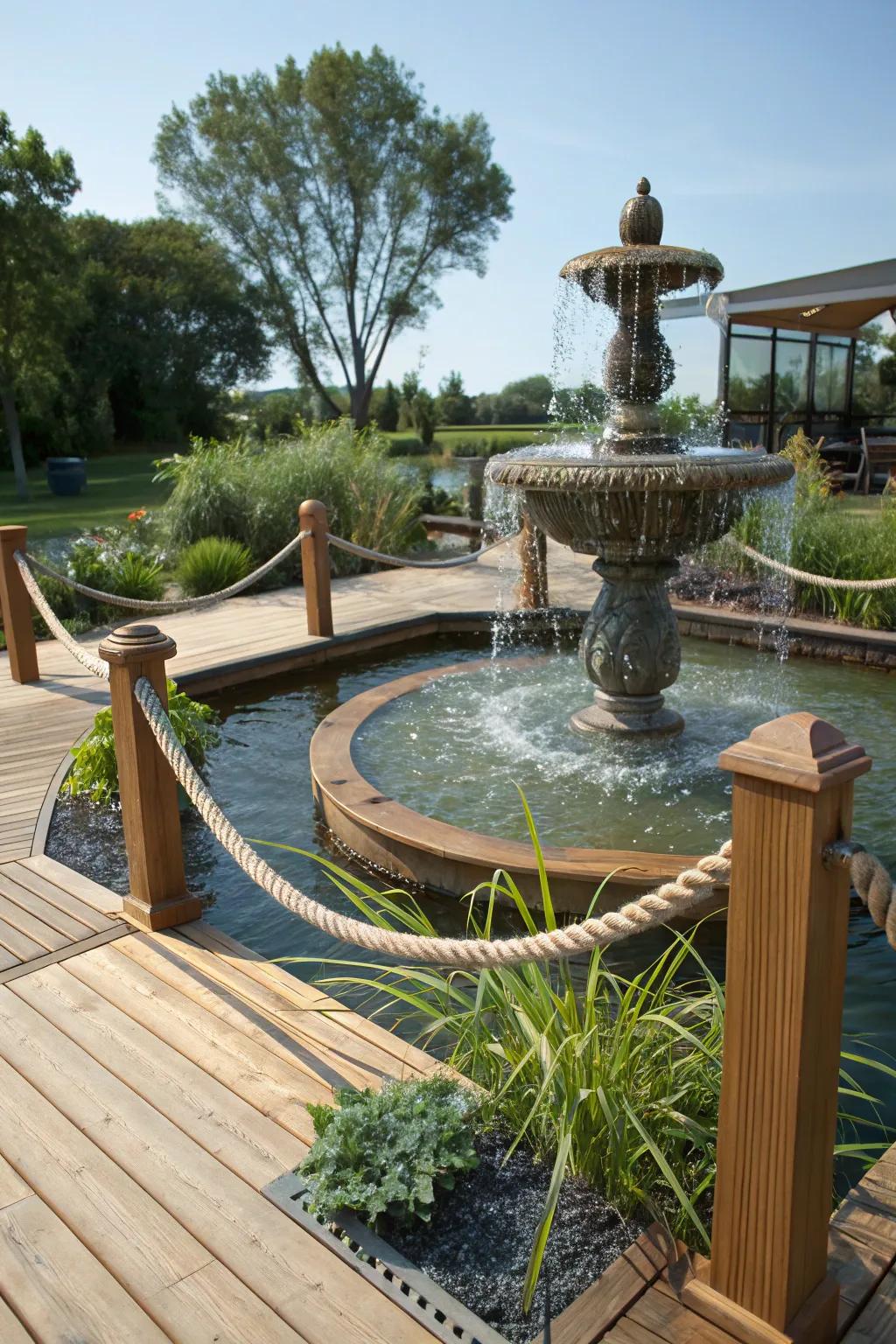 Water feature enhanced with rustic rope accents.