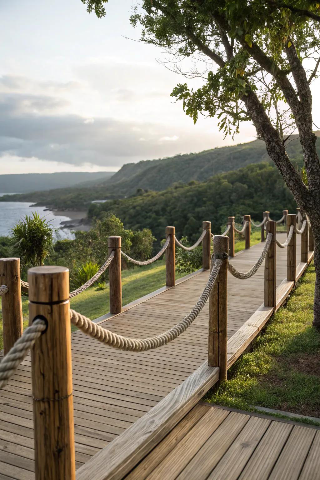 Simple yet stylish rope and post barriers on a deck.