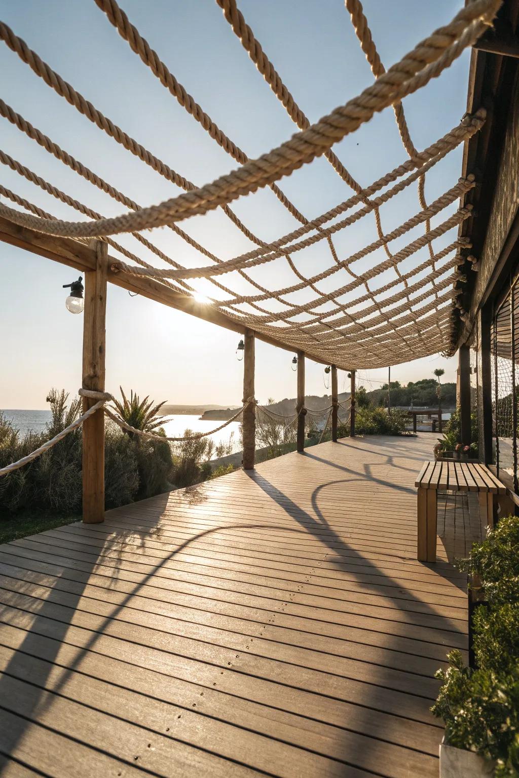 An overhead shade structure with woven ropes providing dappled sunlight.