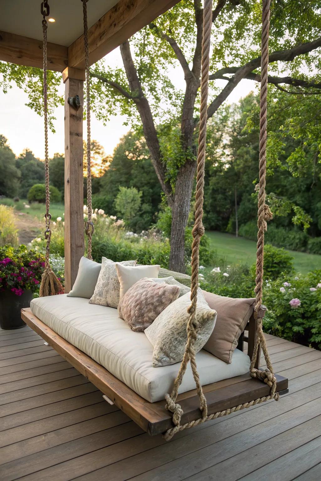A cozy deck swing supported by thick, durable ropes.