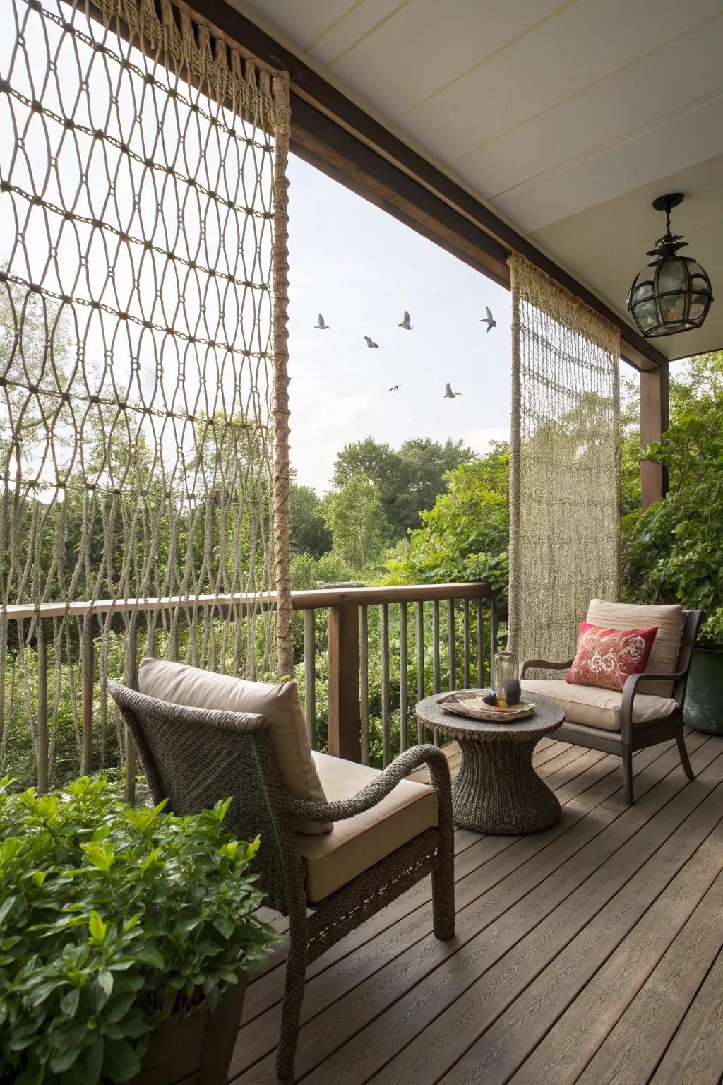 A stylish rope privacy screen offering a secluded deck space.