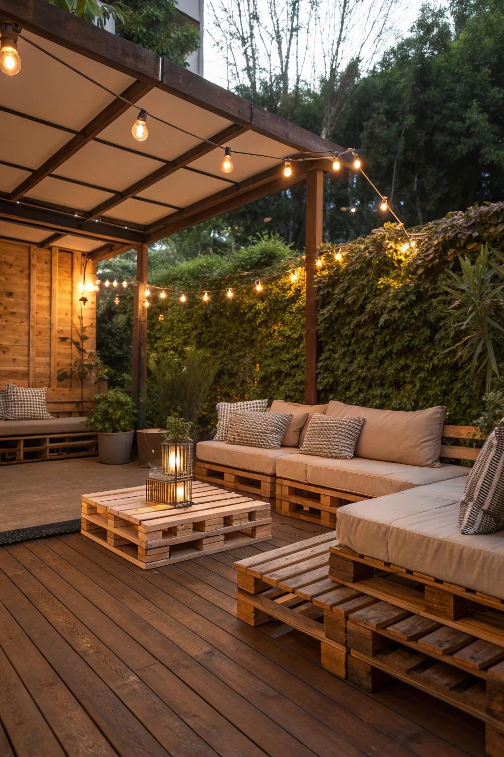 Wooden pallets: A charming and budget-friendly deck solution.
