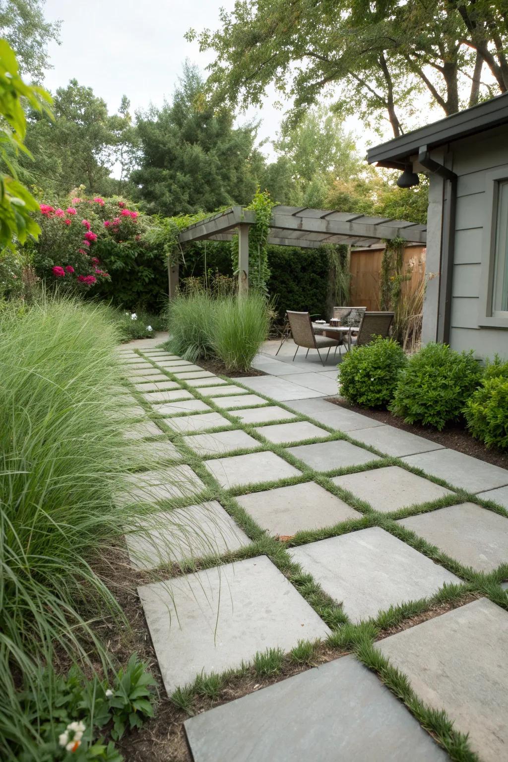 Concrete pavers add a modern touch to any garden setting.