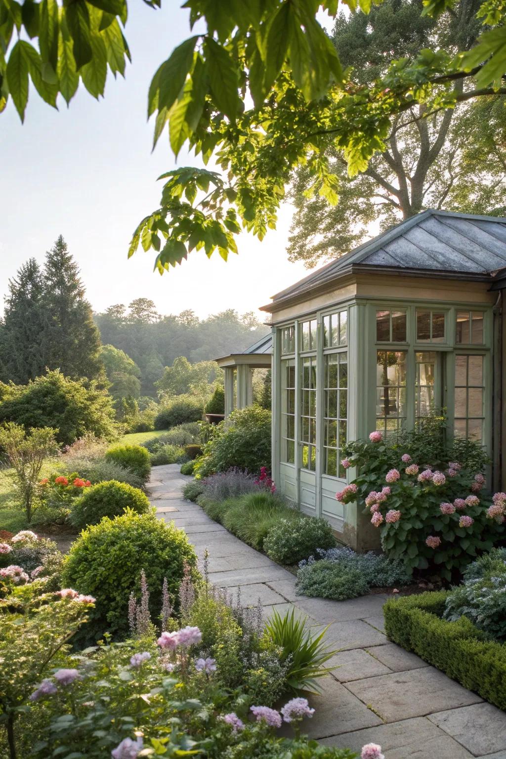 A garden room enveloped by lush, vibrant landscaping.