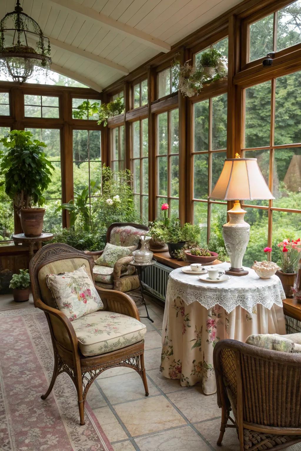 A garden room that exudes vintage charm with a mix of old and new pieces.