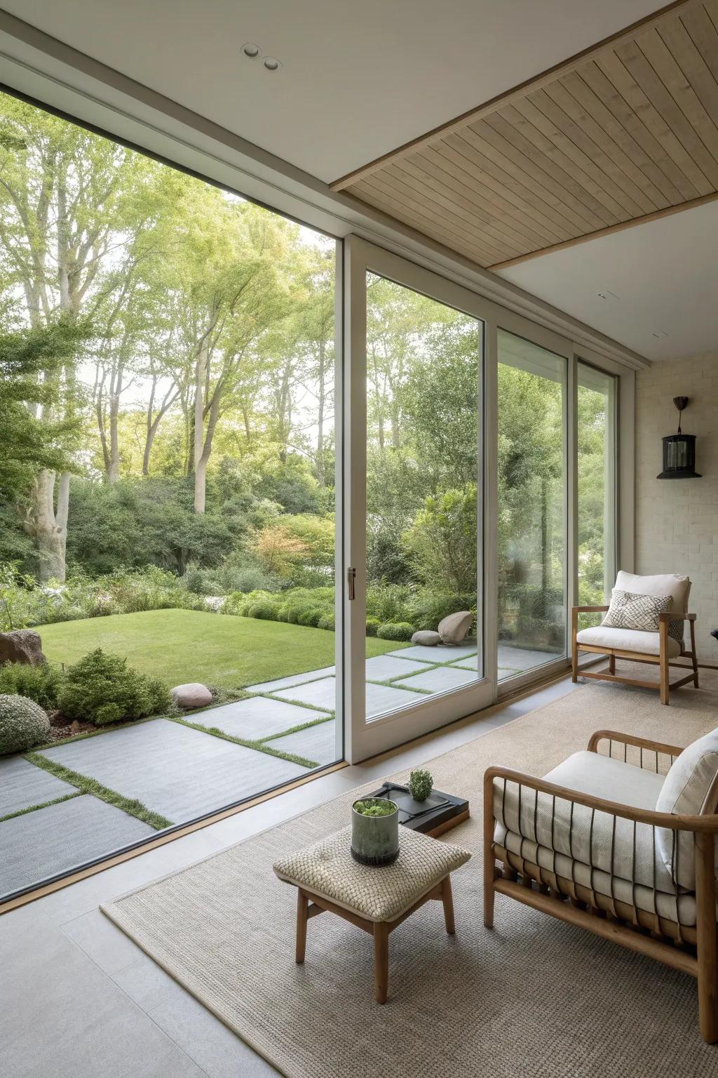 A modern minimalist garden room with large glass doors and clean lines.