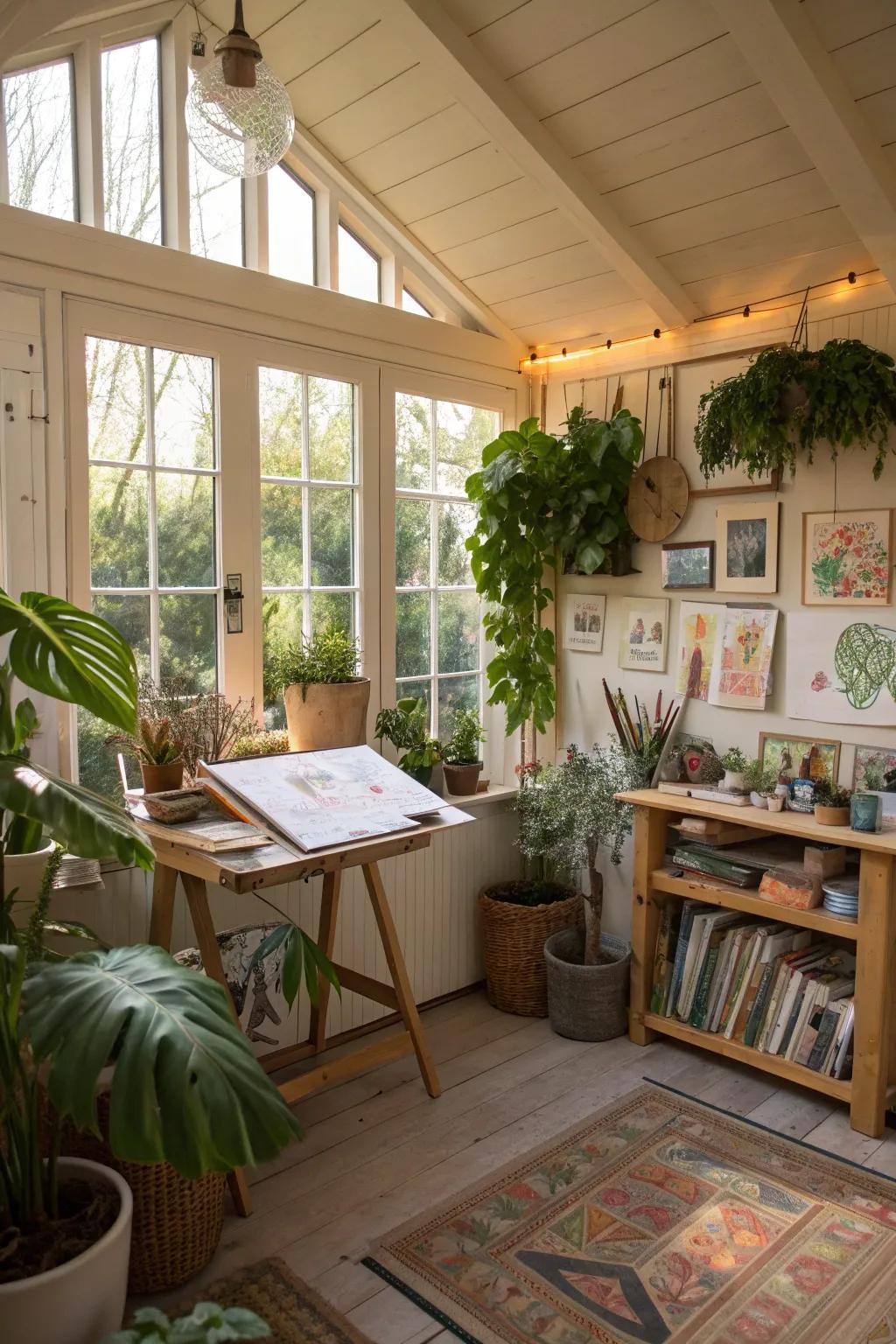 A garden room transformed into a bright and inspiring art studio.