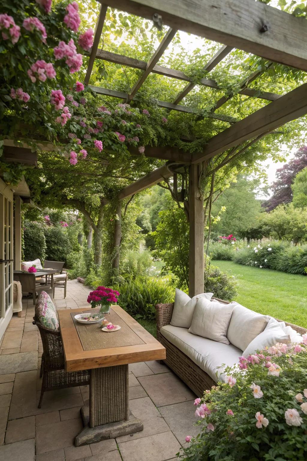 A garden room with a stylish pergola providing shade and comfort.