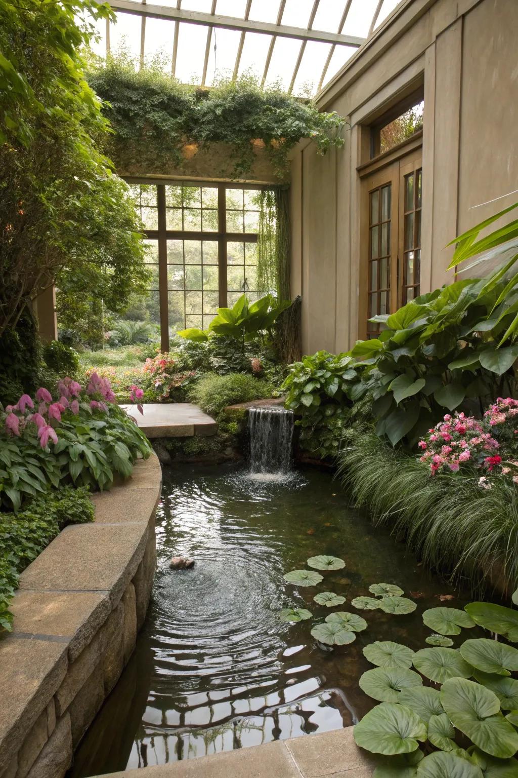 A garden room with a water feature that adds tranquility and charm.