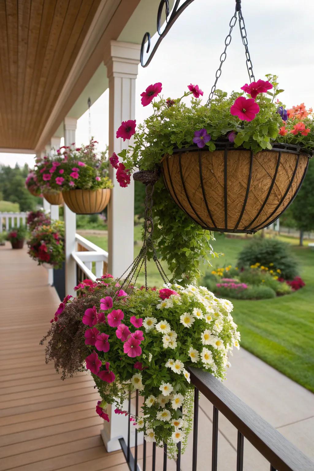 Add elegance with romantic hanging baskets.