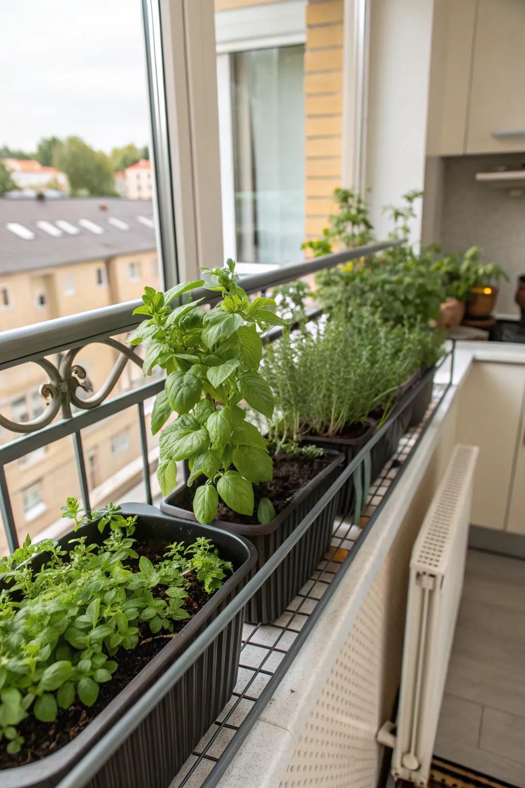 A convenient and fragrant herb garden right on your railing.