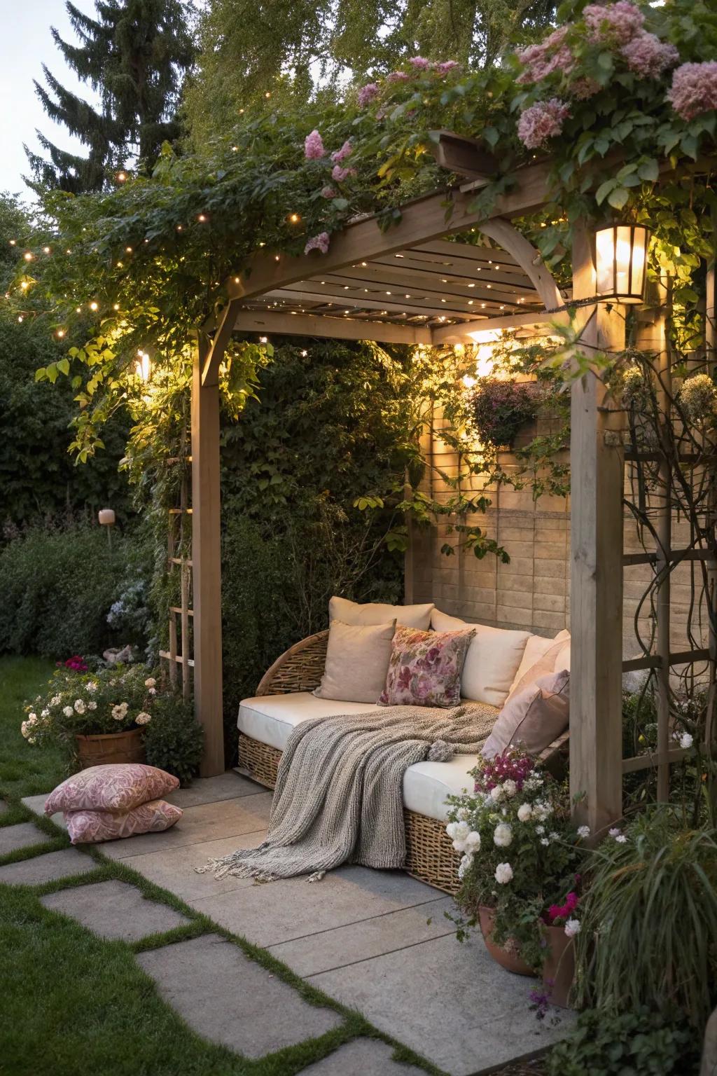 Create intimate spaces with cozy corners under your pergola.
