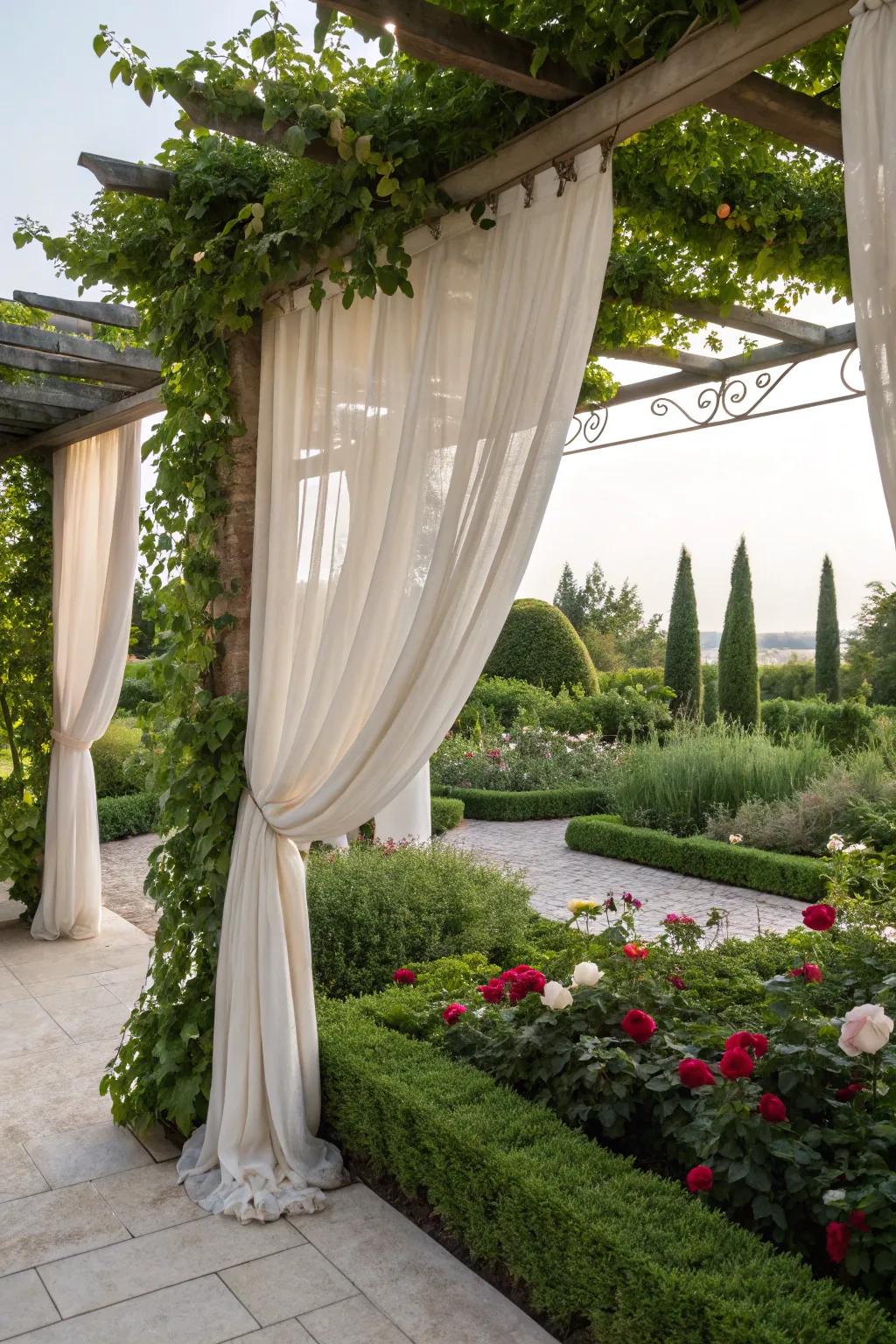 Enjoy a private sanctuary with a pergola featuring curtains.