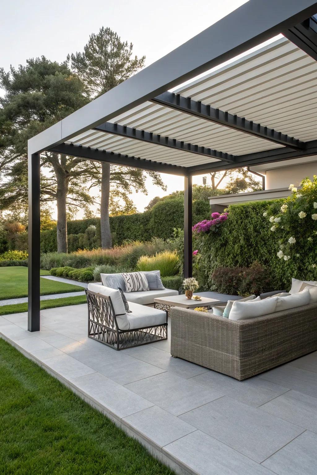 Achieve a chic look with a sleek modern pergola.