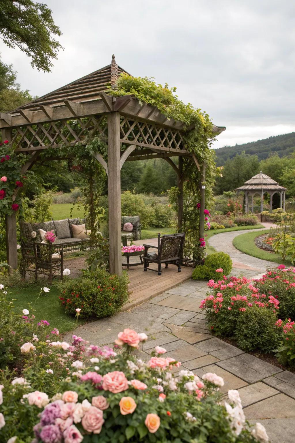 Embrace the timeless appeal of a classic wooden pergola.