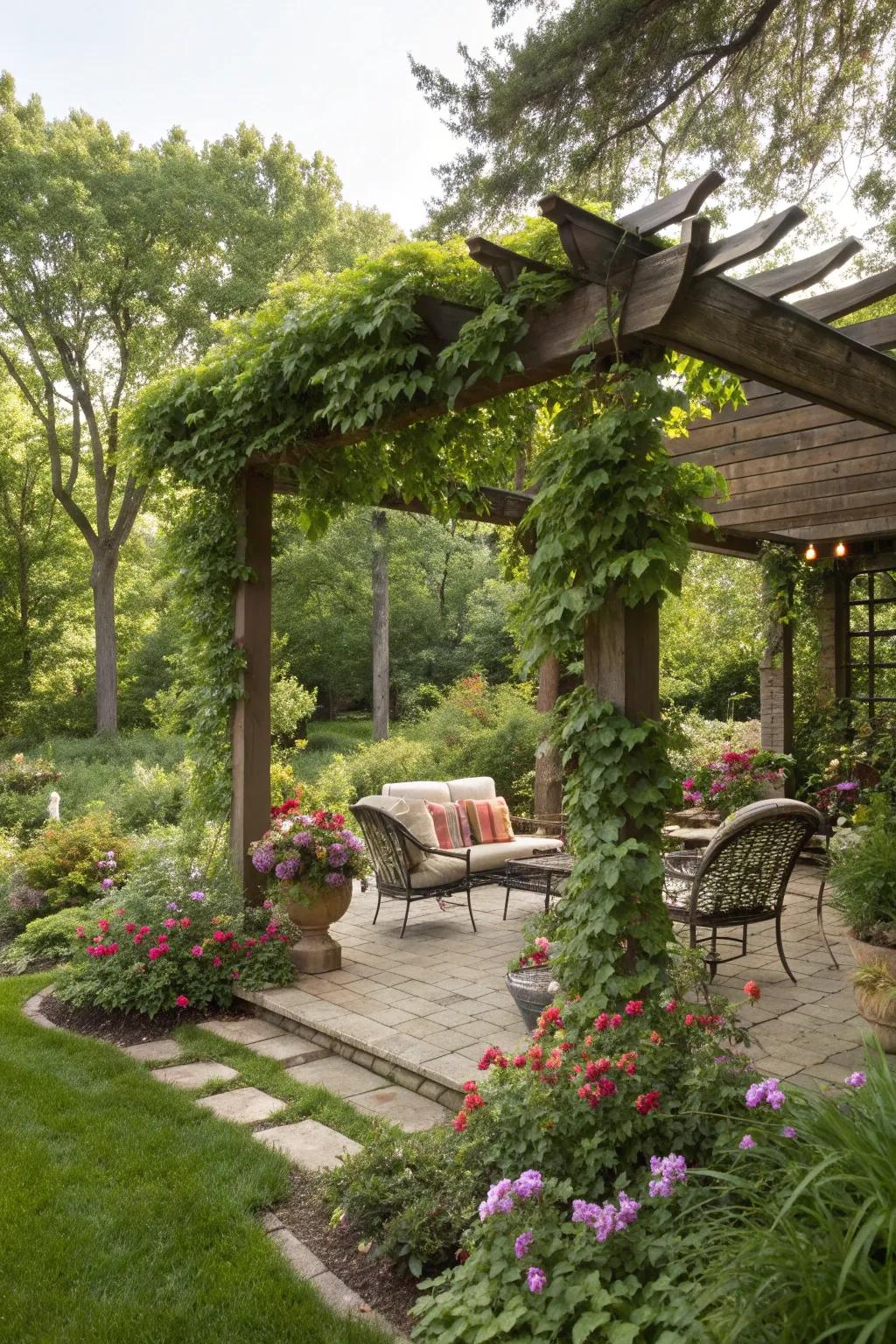 A beautiful pergola creating a shaded retreat in a lush garden.