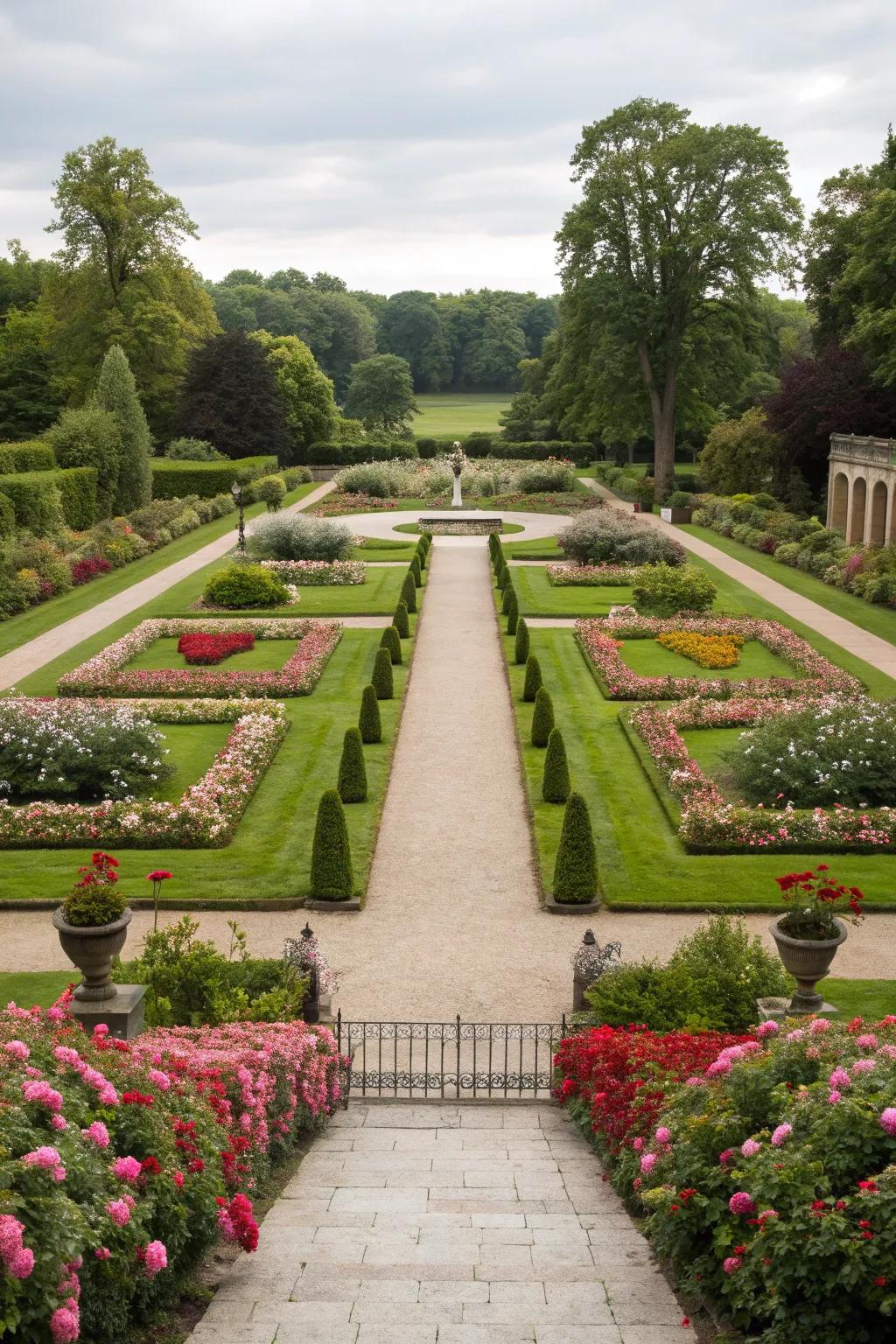 A formal garden layout with symmetrical design elements.
