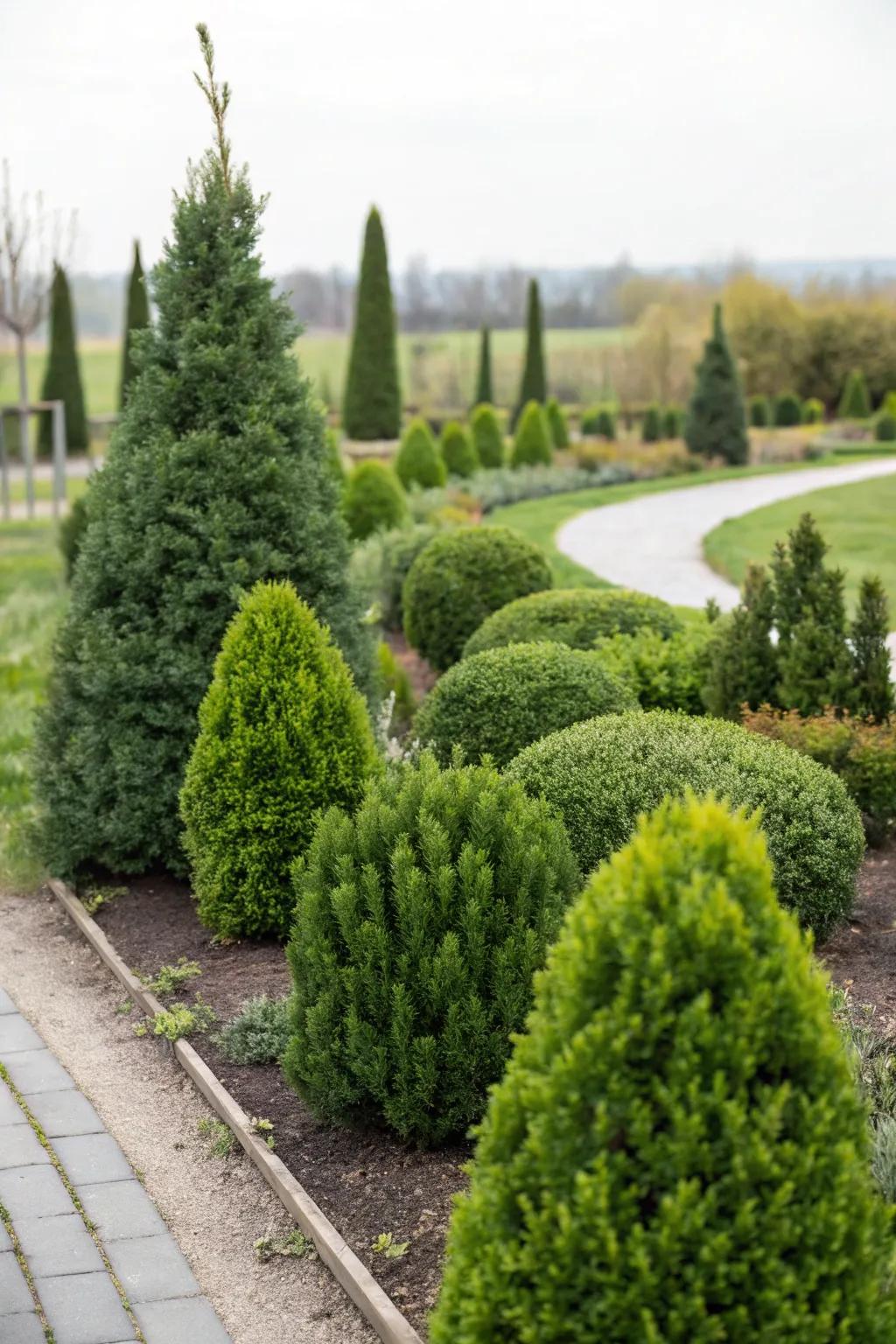 A garden featuring lush evergreen shrubs for year-round greenery.
