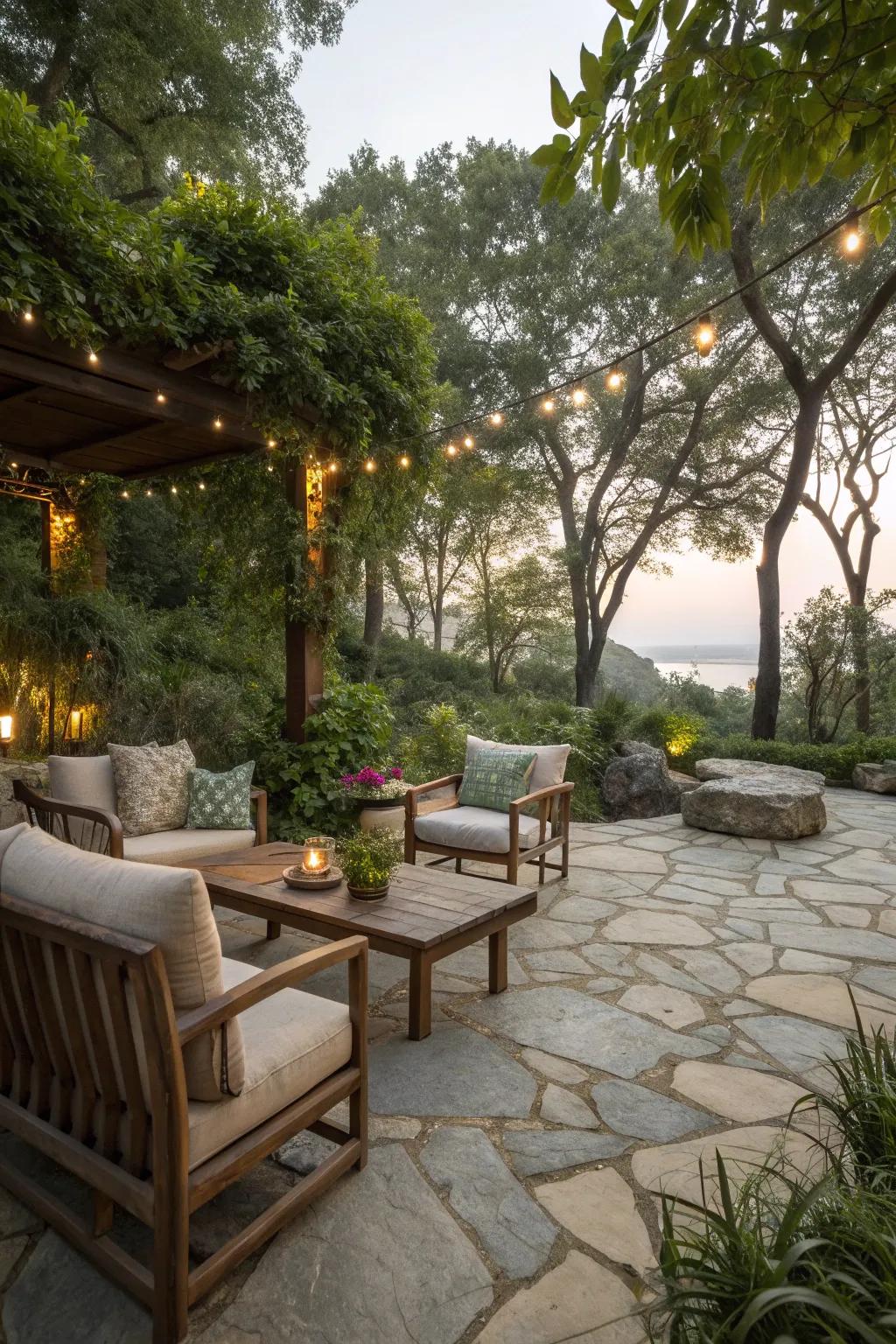 A relaxing outdoor seating area with stone flooring and lush surroundings.